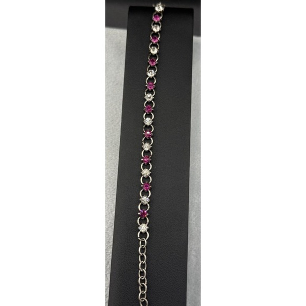 Vintage Tennis Bracelet Purple White Rhinestone Silver Tone 7"